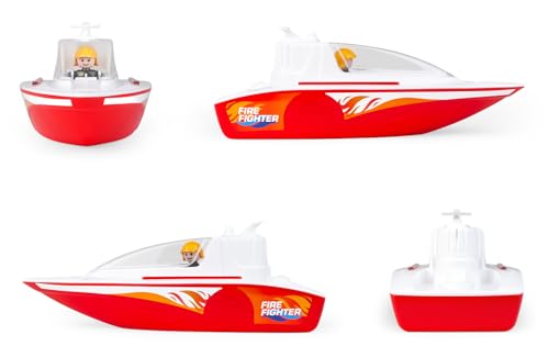 Lena BOAZZ Feuerwehrboot 36 cm, Spielzeugboot Indoor und Outdoor geeignet, für Kinder ab 2 Jahren, Kabine zum öffnen, Zwei Sitzplätze Plus Spielfigur, Rot