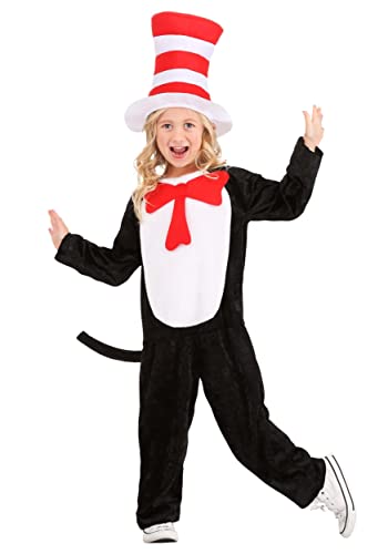 Dr. Seuss the Cat in the Hat Costume for Kids - Polyester Velvet Jumpsuit, Felt Top Hat & Tail