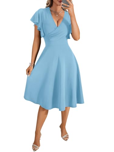 Image of LYANER Women's Warp V Neck Ruffle Short Sleeve A Line Swing Flared Cocktail Party Midi Dress