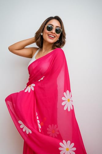 Image of Lilan Cotton Saree with White Daisy Floral Prints Tassel Pallu Lightweight Summer Saree