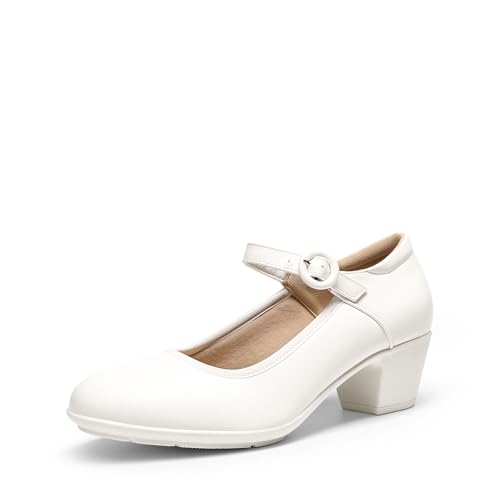 DREAM PAIRS Mary Jane - Zapatos de tacón bajo y grueso para mujer, zapatos de vestir cómodos para el trabajo, negocios, zapatos de vestir, Blanco, 40 EU