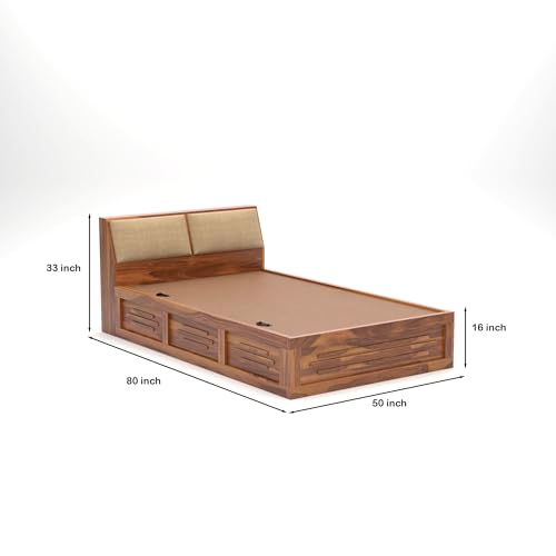 Image of Solid Sheesham Wood Armania Single Size Bed with Hydraulic Storage Bed for Bedroom Living Room Solid Wooden Furniture Bed for Home Hotels -(Natural Finish) 1 Year Warranty (Natural)