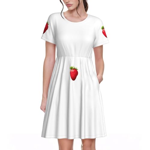 Robe d'été décontractée respirante à manches courtes pour femme motif fraises léger