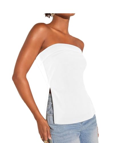 Floerns Women's Solid Strapless Bandeau Split Hem Casual Tube Top