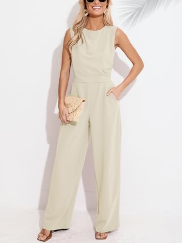 CUPSHE Damen Jumpsuit Rundhals Ärmellos Overall Plissee Weite Beine Playsuit mit Taschen Elegant Hosenanzug