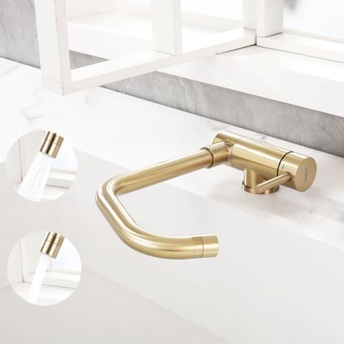 ONECE Grifo Cocina Abatible Oro con 2 Modos, Mezclador Plegable para Fregadero, Grifería Monomando para Ventana Frontal Giratorio a 360°, Acero Inoxidable 304, Dorado