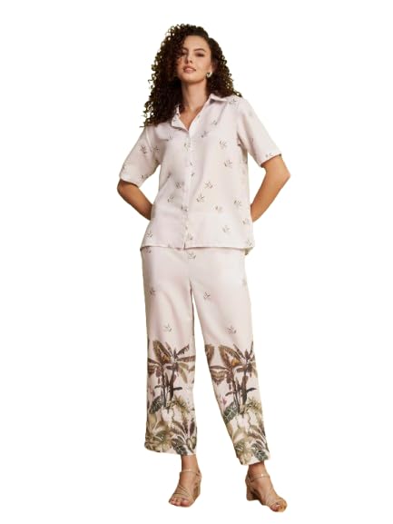 Women's Tropical Printed Shirt & Wide Leg Pants Co-Ord Set | Half Sleeve Button Down Two Piece Outfit | Casual, Vacation & Resort Wear-Size-S-picture-19