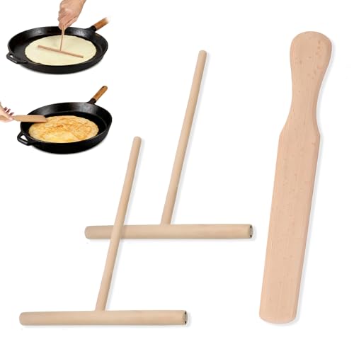 Uzndq 3 Stück Crepes Verteiler Set aus Buchenholz, Crepes Verteiler Set T-Form Wender Teigverteiler Mit Crepe Pfannkuchenwender,Pfannkuchen Teigverteiler Zubehör