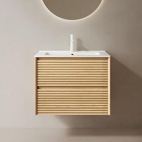 RAINLUX 24' Floating Bathroom Vanity with Sink, Wall Mounted Modern Bathroom Cabinet with 2 Soft Close Drawers, Oak & Plywood, Pre-Assembled with Integrated Ceramic Basin – Sedona, Light Oak