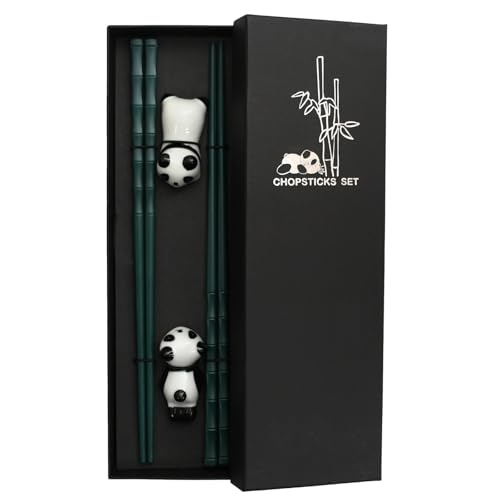 Aomhrek Set de 2 Pares de Palillos Reutilizables Con Soporte de Cerámica en Forma de Panda, Chinos, Japoneses y Coreanos para Niños y Adultos, Ideal para Sushi, Noodles (Verde)