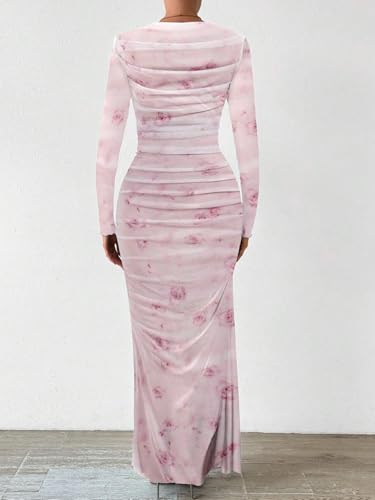 Image of MARZXIN Women Long Sleeve Maxi Dress Bodycon Ruched Formal Slim Fit Tie Dye Dress Formal Mesh Dress