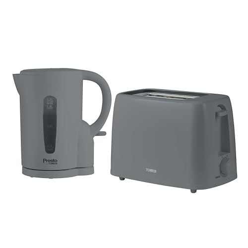 Tower Presto Kitchen Set, 1.7L 2200W Rapid Boil Kettle and 2 Slice Toaster with 6 Browning Levels, 650W, Grey, PT10053GRY & PT20087GRY