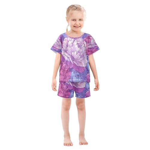 Pajama Sets Short Sleeve Floral Design with Colors Soft Cotton Summer Sleepwear 2 Piece PJS Size 5-14T4