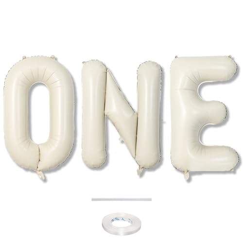 Image of 40 Inch Beige One Balloons for 1st Birthday, Cream White Sand One Balloon Letters with Ribbon, Neutral Ivory Alphabet One Balloon for Boys Girls First Birthday 1 Year Old Baby Shower Party Decorations