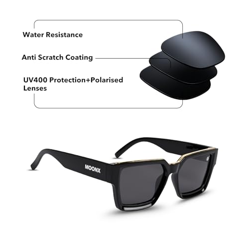 Image of MOONX The Universe Polarised Sunglasses for Men & Women | UV400 Protection | Gloss Black Wayfarer Design with Gold Detail | Travel & Outdoor Eyewear