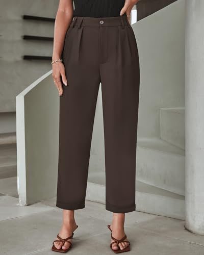 GRAPENT Capri Dress Pants for Women High Waisted Pleated Lightweight Straight Leg Elastic Wasit Crop Trousers Work Pants - Image 4