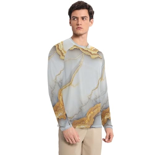 Marble White Yellow UPF 50+ Sun Shirts for Men Slim fit Elasticity UV Protection Long Sleeve Running3
