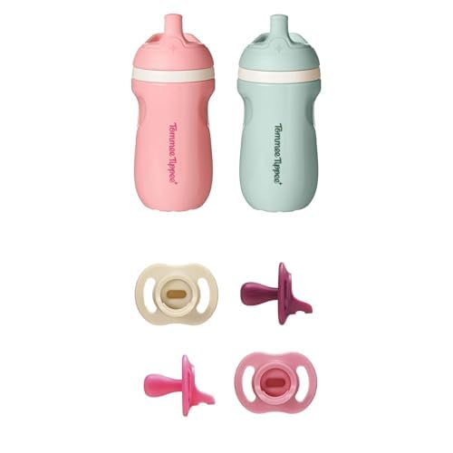 Tommee Tippee Insulated 9oz Sporty Spout Toddler No Spill Sippy Cups for Toddlers 1-3, BPA Free, Pink and Mint, Pack of 2 Ultra-Light Pacifier, One-Piece Silicone Design, 6-18m, 4 Pack