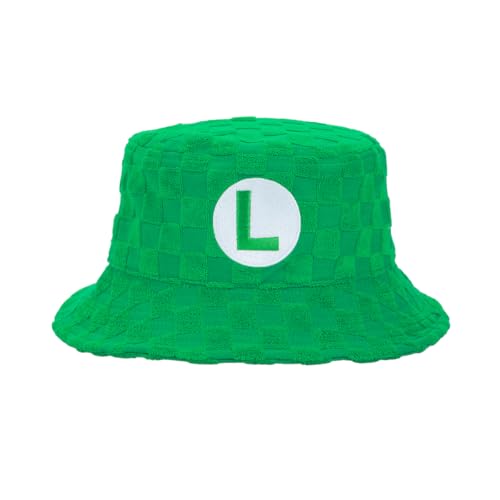 Bioworld Super Mario Bros Luigi Logo Mens Green Checkered Bucket Hat