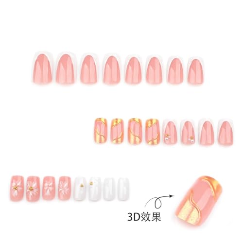 Image of White French Tip Press on Nails Gold Chrome Fake Nails Flower Glue on Nails with Pearl Design Medium Square Stick on Nail Reusable Artificial Acrylic Full Cover Nail for Women Girls Manicure 24Pcs
