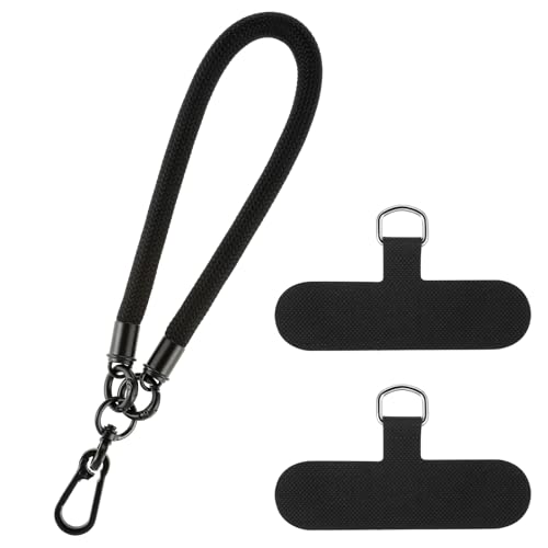 Amabro Dragonne de poignet, lanière de téléphone anti-perte avec 2 patchs ultra fins pour porte-clés, appareil photo, accessoires de téléphone, noir, Medium