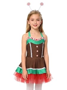 Alvivi Mädchen Lebkuchenmann Kostüm Lebkuchen Kleid + Haarreif Zuckerstangen Streifen Weihnachten Kleid Weihnachtsoutfit Partykleid B Braun Grün 122-128