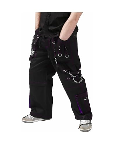 Men Cyber Gothic Bondage Trouser Punk Rock Black Pant with Purple Stitching.