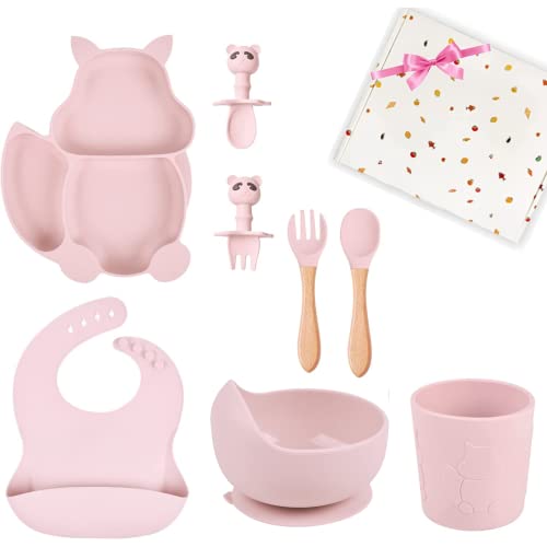 TudoBem Coffret Repas Bebe Silicone [8 Pièces], Assiette Ventouse pour Bébé + Bavoir Ajustable + Bol Antidérapant + Cuillere/Fourchette 1er âge et 2ème Age + Verre, Cadeau Naissance (Rose)