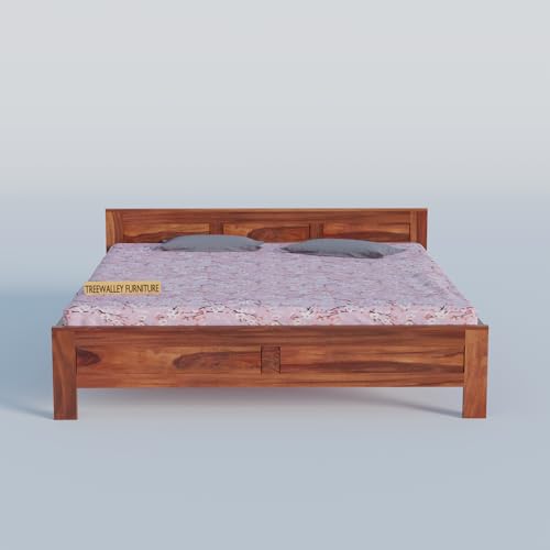 Image of Solid Sheesham Wood King Size Bed Without Storage | Double Bed Cot for Bedroom | Palang Double Bed for Home | Wooden Double cot for Living Room | Rosewood | Honey Finish