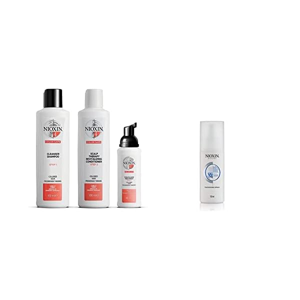 Nioxin System Kit 4 + Thickening Spray, For Color Treated Hair with Progressed Thinning, Full Size (3 Month Supply)