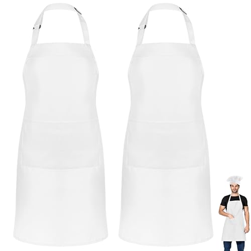 DDUP Kitchen Apron, Adjustable Black Kitchen Chef Aprons with 2 Pockets, Women Men Aprons for Home Kitchen, Restaurant, Coffee House, Baking Gardening BBQ, Professional Apron (Black) (White-Pack of 2)
