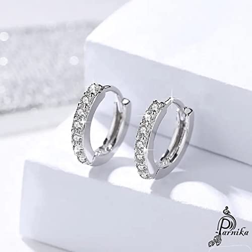 Parnika 925 Small Size (8mm) White CZ Huggie Hoops Earrings in Pure 92.5 Sterling Silver For Girls & Women | Gift For Her | Chandi ki Bali | - Image 2