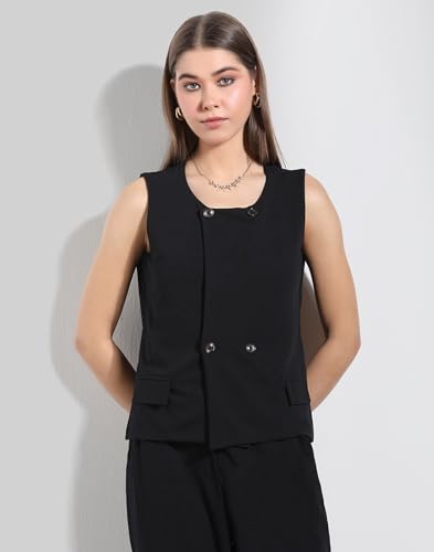 Image of Selvia Navy Blue Lycra Co-ord Set for Women, Button Detail Waist Top and Trouser Pant