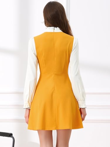 Image of Allegra K Tie Neck Dresses for Women's 1960s Vintage Long Sleeve Contrast Color Dress