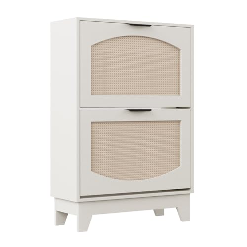 Cream White Rattan Shoe Cabinet with 2 Flip Drawers