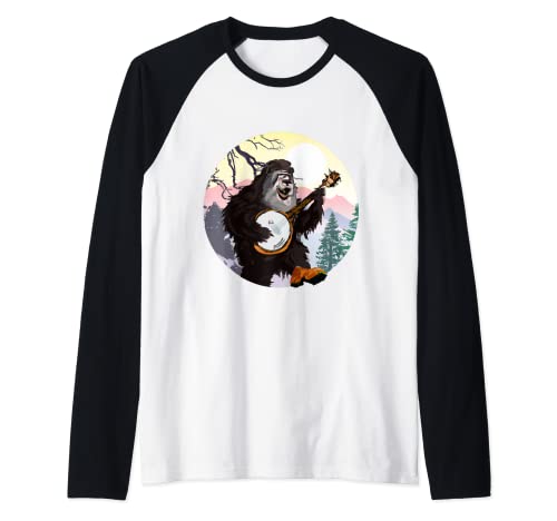 Bigfoot tocando banjo guitarra Sasquatch Camiseta Manga Raglan
