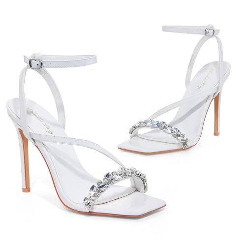 Image of Elisabet Tang Women's Crystal Stilettos Heeled Sandals, 4 Inch Square Open Toe Strappy Sexy High Heels Ankle Strap Buckle Heels for Party Wedding Dress Daily Wear Shoes