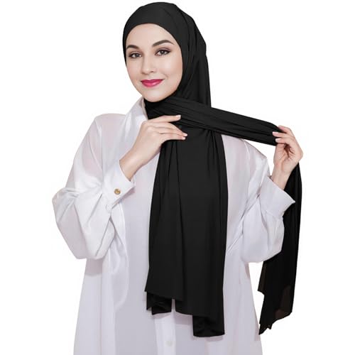 XEPST Instant Hijab for Women, Islamic Muslim Chiffon Hijab with Matching Tie Back Hijab Undercap Soft Instant Hijab Ready to Wear Solid Color Headscarf Turban Wrap Hijab Scarf for Women, Black