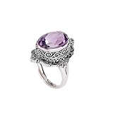 FitJinZun Vintage Adjustable Amethyst Ring for Women in Antique 925 Sterling Silver, Deep Purple Gemstone Statement Ring, Handmade Crystal Jewelry Gift for Her