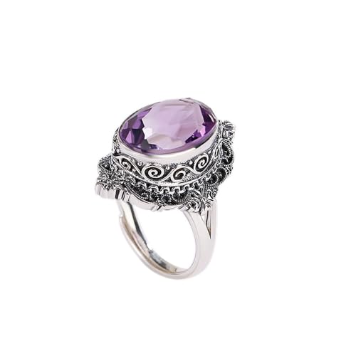 FitJinZun Vintage Adjustable Amethyst Ring for Women in Antique 925 Sterling Silver, Deep Purple Gemstone Statement Ring, Handmade Crystal Jewelry Gift for Her