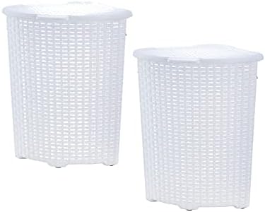 Plastic Corner Laundry Hamper with Lid, Curved Designed Laundry Basket, 2 Pack Triangle White Cloths Hamper Organizer with Cut-out Handles for Laundry Room Bedroom Bathroom, Wicker Design, 50 Liter