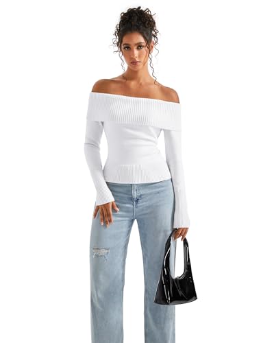 Image of SUUKSESS Women Off Shoulder Sweaters Long Sleeve Ribbed Knit Going Out Fall Tops Blouse