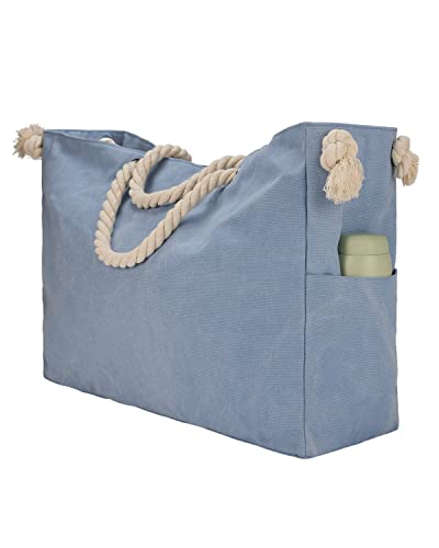 LIVACASA Strandtasche Groß Beach Bag Damen, Strandtasche Familie Canvas Mit Reißverschluss Strandtasche XXXL Badetasche Schultertasche Shopper Hellblau Cover