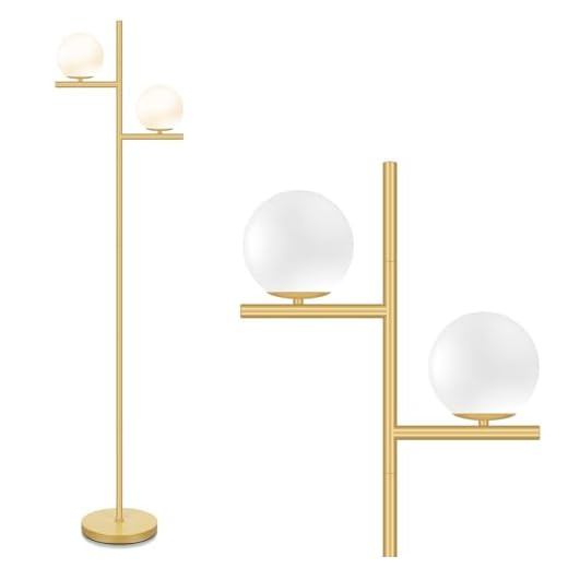 Mid Century Floor Lamp - 2 Globe Modern Standing Lamp with Foot Pedal, Frosted Glass Stand Up Lights for Living Room, Bedroom, Office, Contemporary LED Antique Brass|Gold Tall Pole Light Indoor