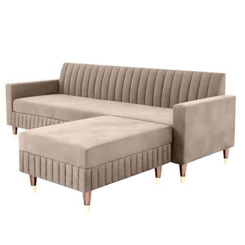 Image of AMATA Omega Solid Wood 4 Seater L Shape Camel Suede Velvet Sofa Set with Four Cushions Perfect for Home Office Guests Living Room (03 Camel, Omega L Shape 4 SSEATER)(3 Year warrantty)