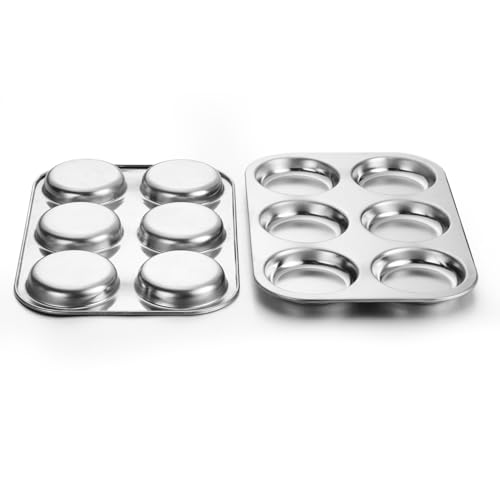 P&P CHEF Muffin Top Pan Set of 2, Stainless Steel 6-Cavity Cupcake Pan Tin, Muffin Pans for Baking Whoopie Pies, Cookies, Eggs, Hamburger Bun, Non-toxic & Easy Clean, Oven & Dishwasher Safe