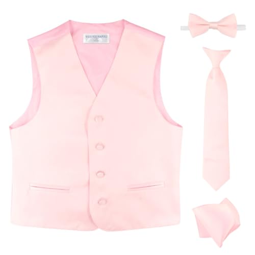 Vesuvio Napoli Boy's Dress Vest Bow Tie Necktie Hanky 4 piece set. Solid Color Variety Pre-Tied Ties