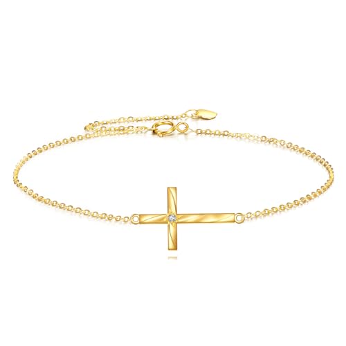 DOVRAN 14K Real Gold Cross Bracelet for Women Solid Yellow Gold Religious Bracelet Faith Jewelry Gifts for Wife Mom