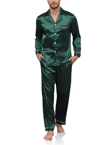 Reliwel Satin Schlafanzug Herren Lang Seide Pyjama Männer V-Ausschnitt Langarm Shirt mit Pyjamahose Zweiteiliger Loungewear Sleepwear Nightwear...