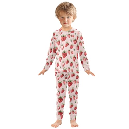 Pink Strawberries Pattern Cute Pajama Sets Long Sleeve Top and Pants, Snug Fit Sleepwear for Night Wears3